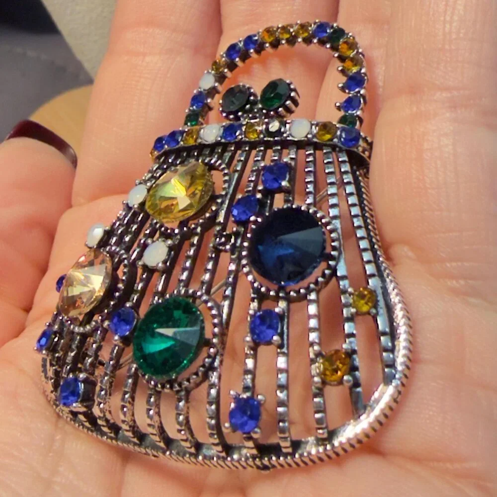 Purse Brooch Multicolor Rhinestone Openwork Handbag Pin – 2.25”